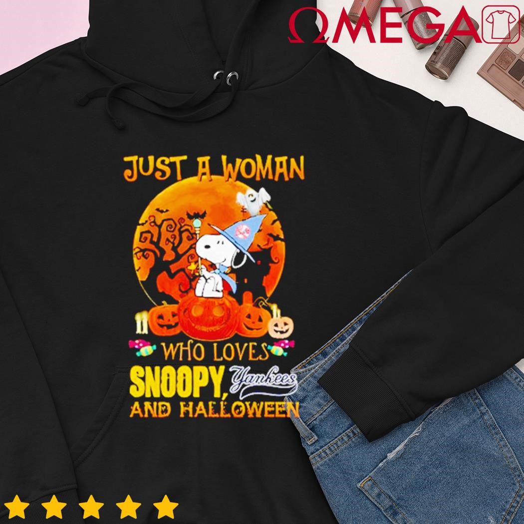 Official Just a woman who love snoopy Yankees and halloween shirt