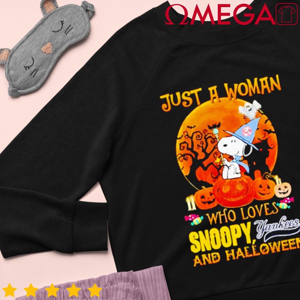 Official Just a woman who love snoopy Yankees and halloween shirt