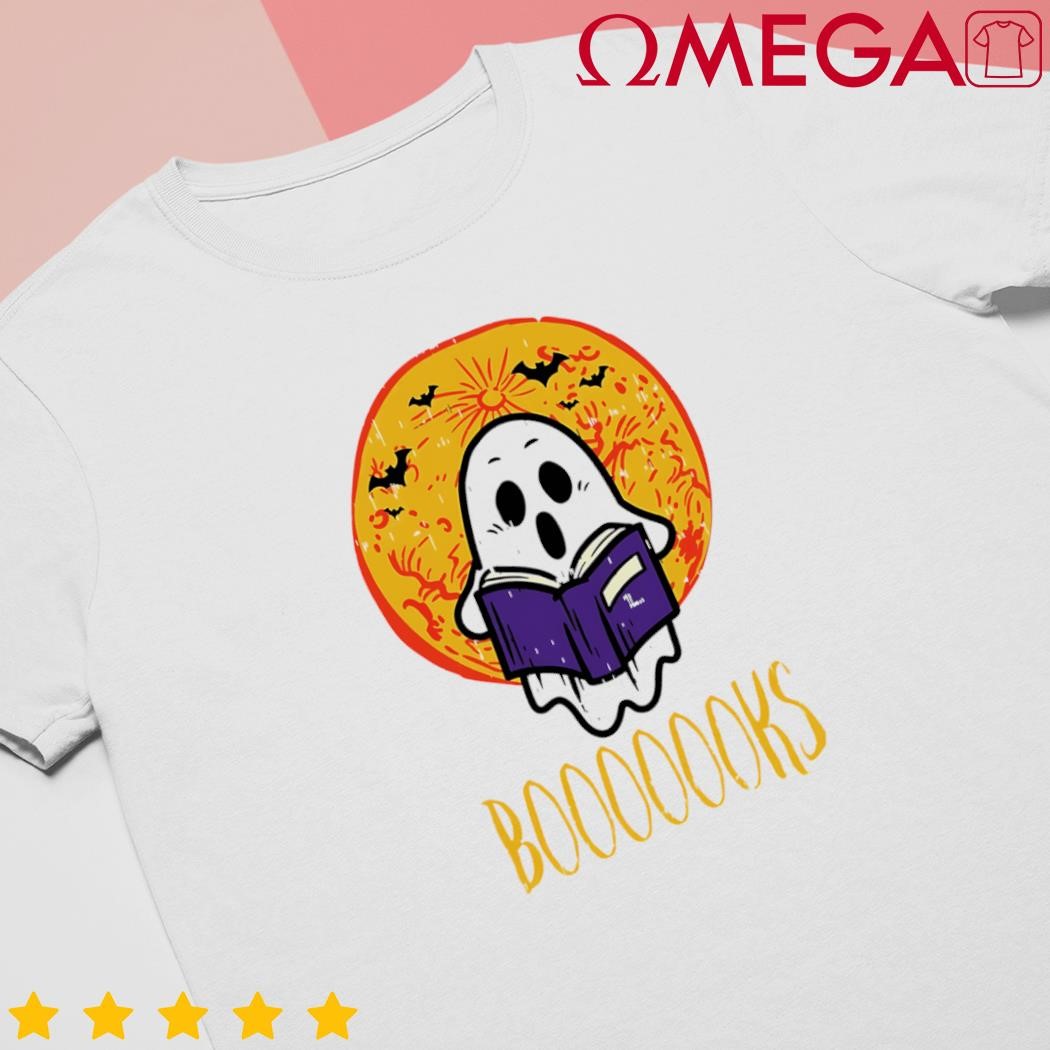 Boooks moon ghost reading Halloween bookworm librarian book retro shirt