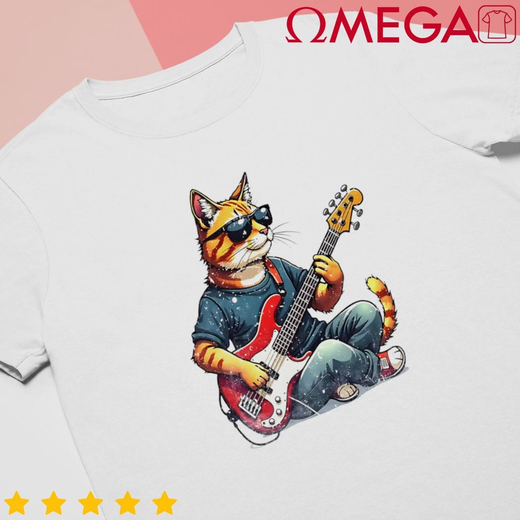 Cat wearing sunglasses playing bass guitar cat owner shirt