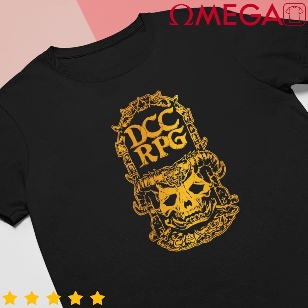 DCC RPG Quick Start Rules Gold Foil Demon Skull shirt