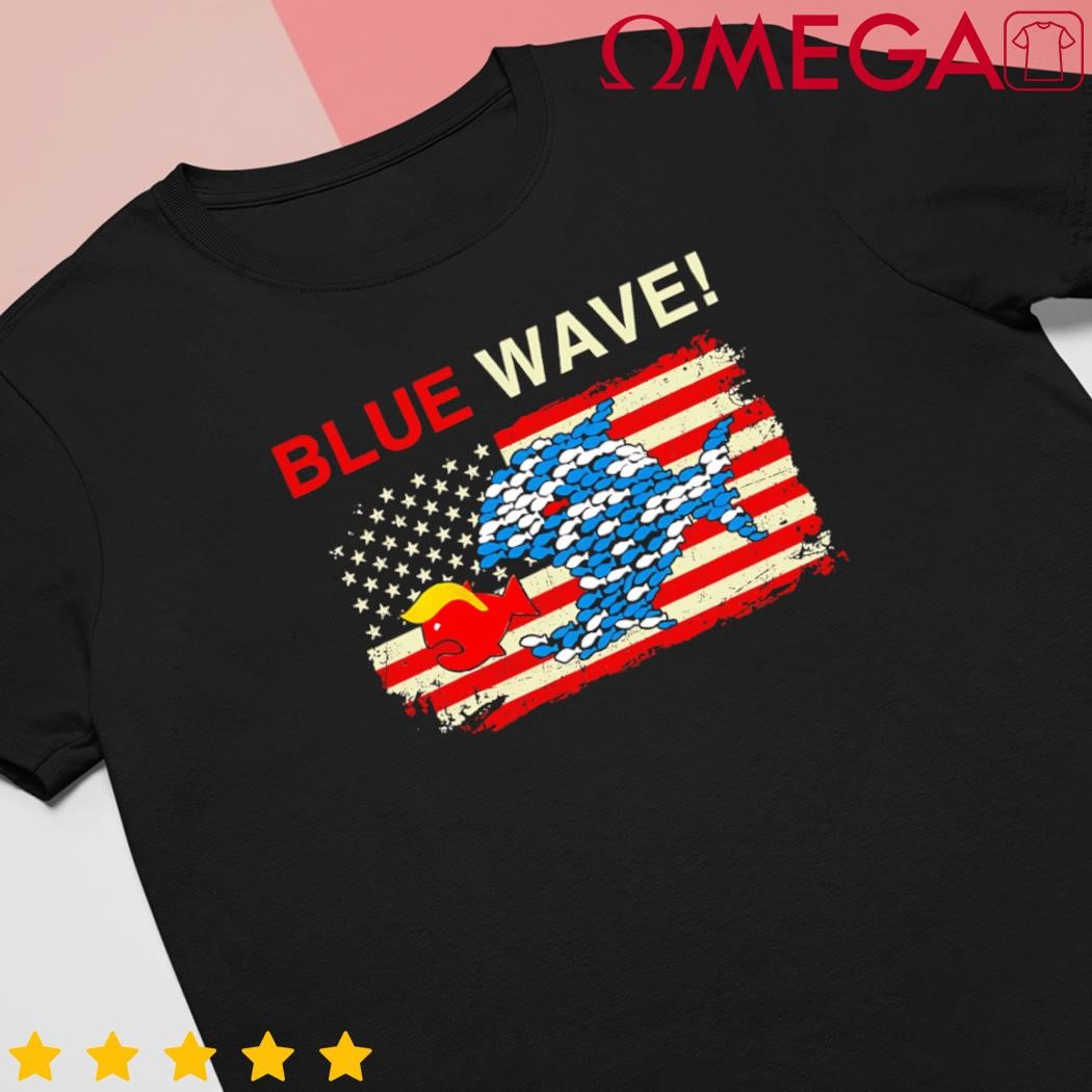 Blue wave 2024 funny big fish eat little fish Trump Hair US flag shirt