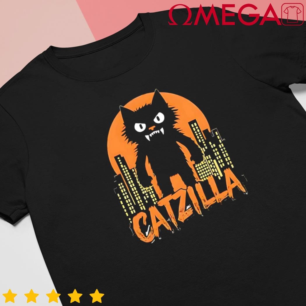 Catzilla Creature Overlooking Cityscape with Orange Sun Backdrop Retro shirt